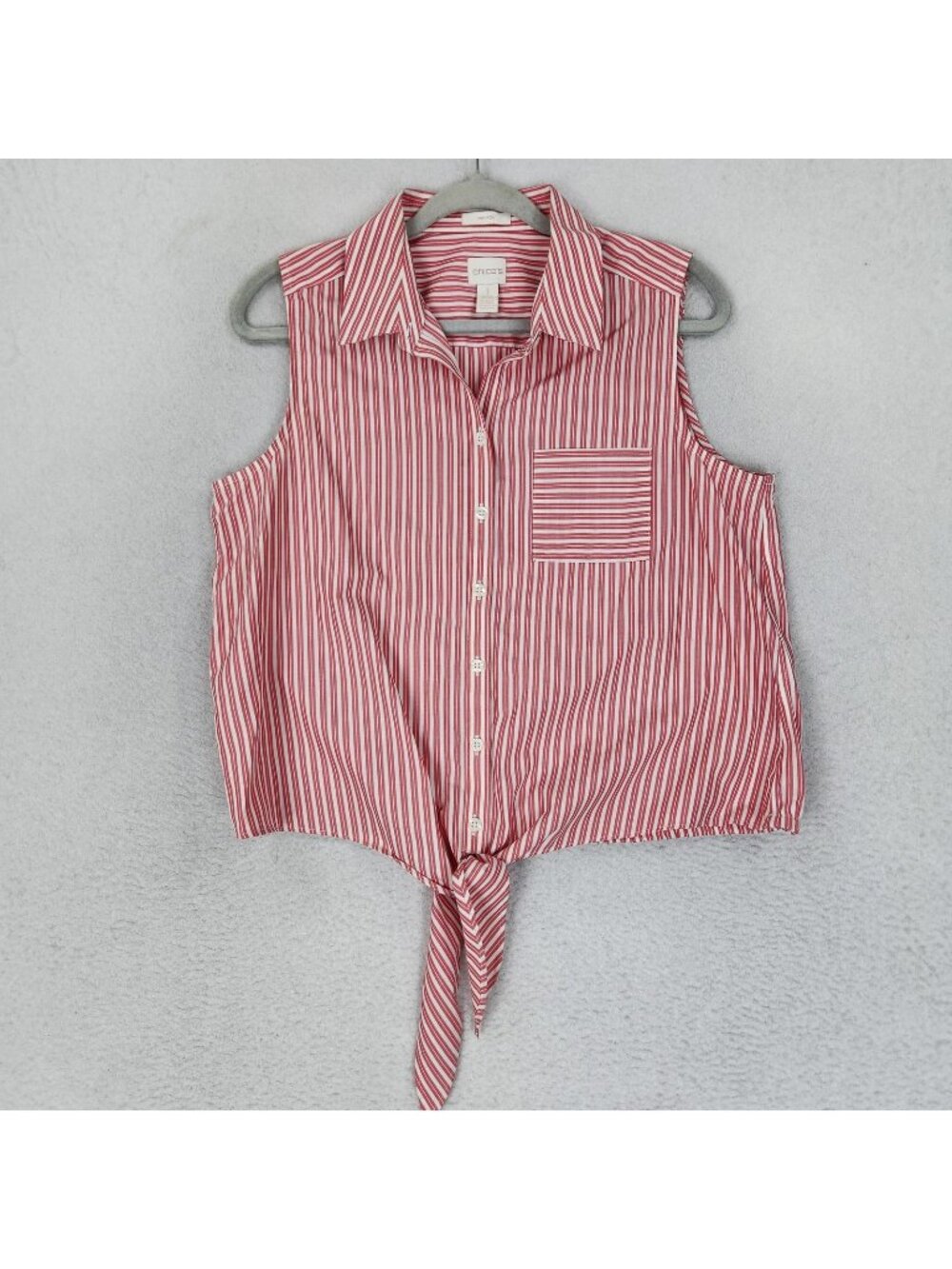 Chicos Shirt Womens 1 Pink 8 Striped Sleeveless Button Front Tie No Iron Cotton